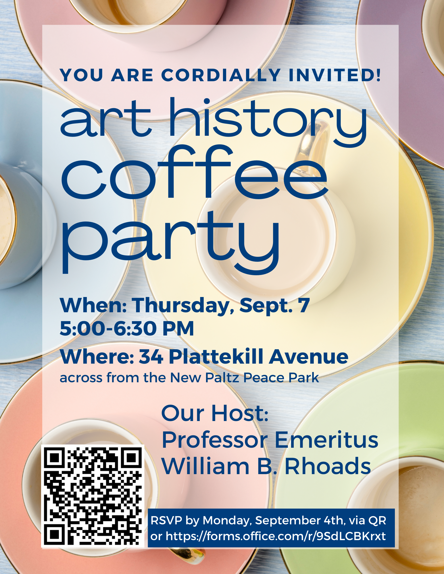 flyer for Art History Coffee Party on Thursday, September 7, 5PM at the home of Professor
